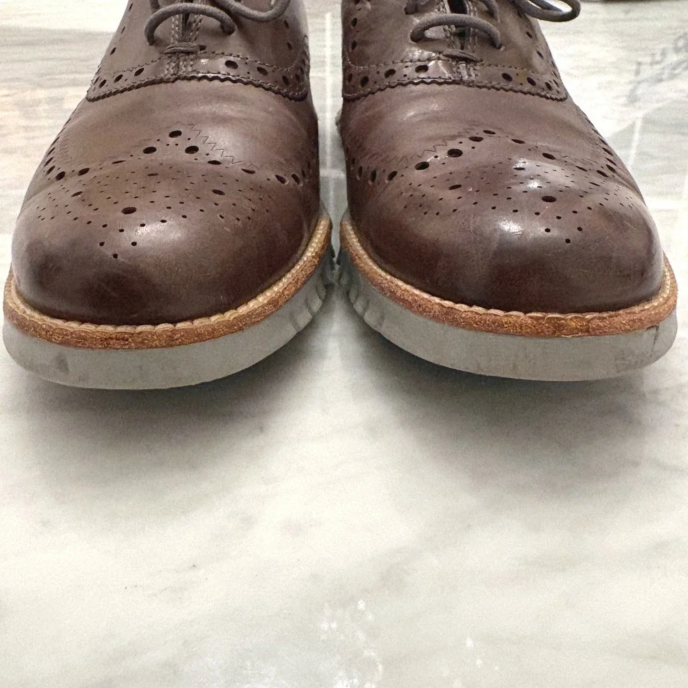 Cole Haan Zerogrand Wingtip Oxfords Brown Leather Brogue Gray Sole Men 9.5M Shoe